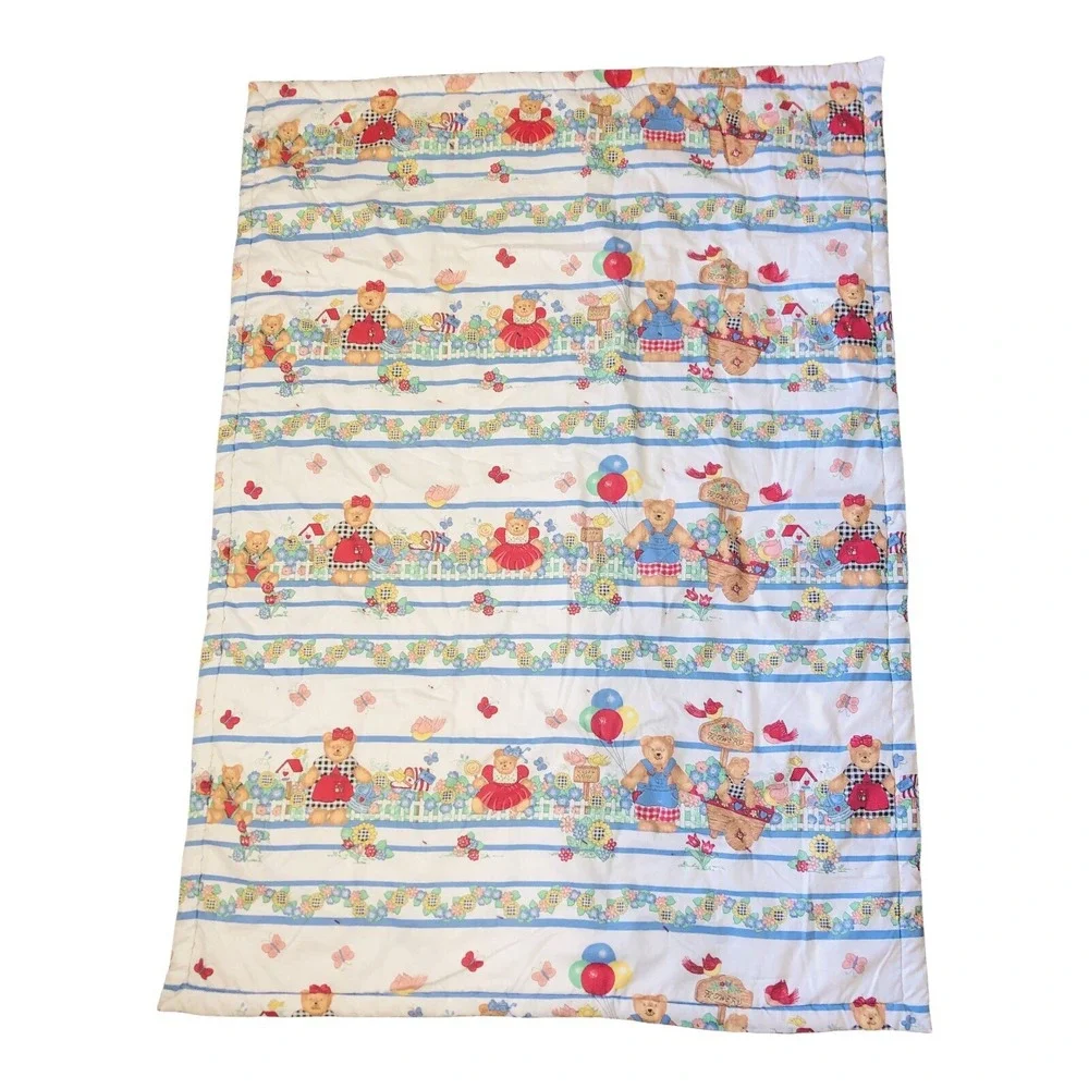 VTG Rag Denim Jean Baby Quilt Blanket 2 Sided Bears Flower Upcycled Handmade